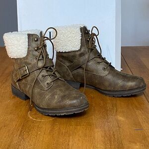 JustFab Brown Combat Boots with Cream Fleece